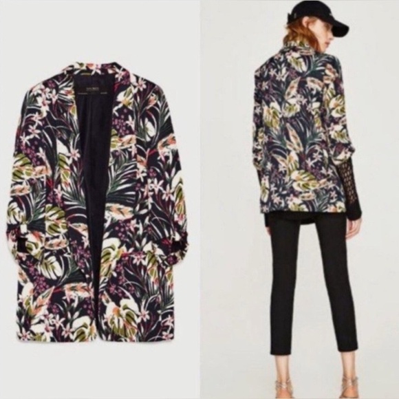 Zara Tropical Floral Satin Effect Blazer 3/4 Ruched Sleeves Women's Size M - Picture 9 of 9
